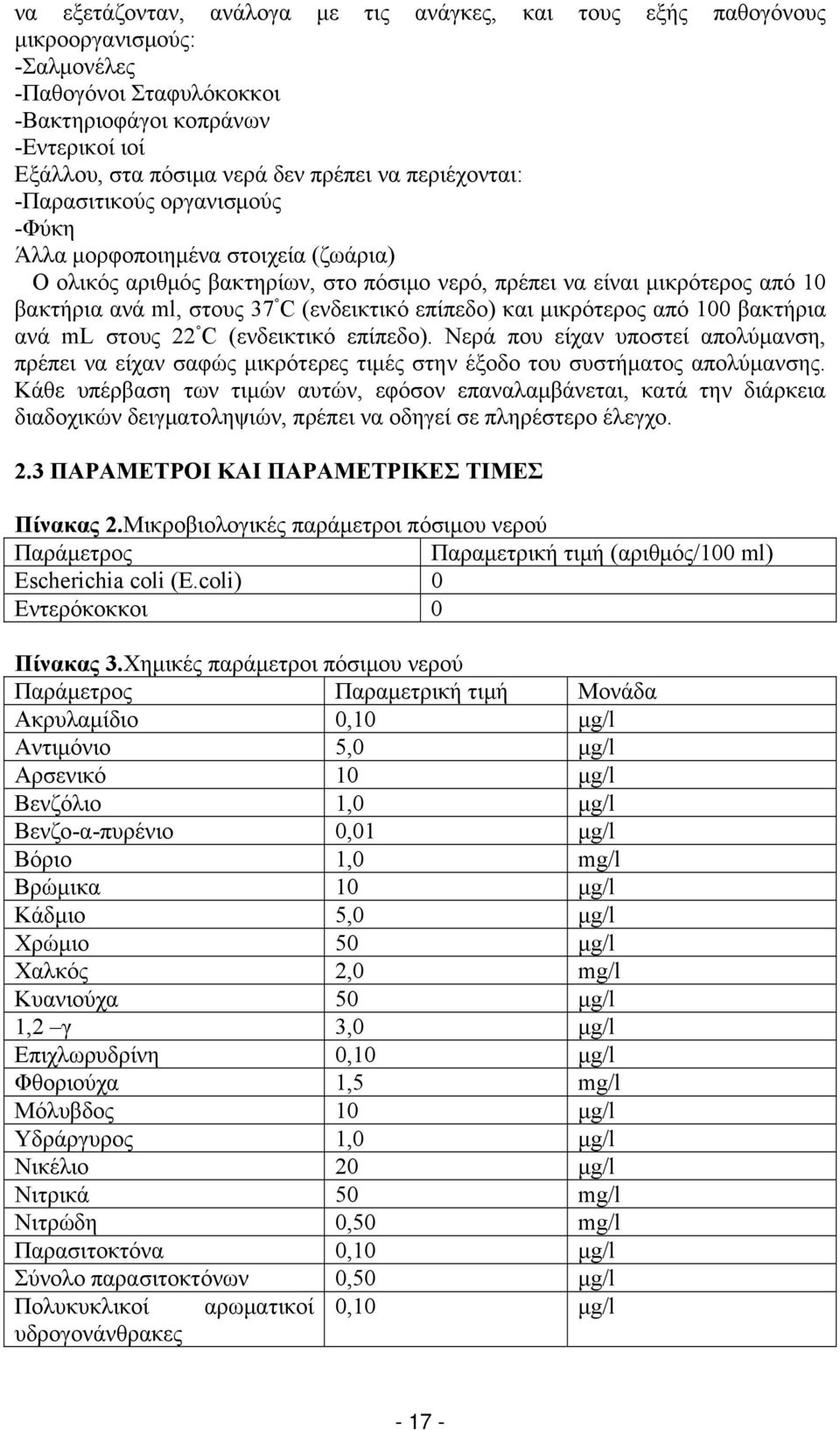 (ενδεικτικό επίπεδο) και μικρότερος από 100 βακτήρια ανά ml στους 22 C (ενδεικτικό επίπεδο).