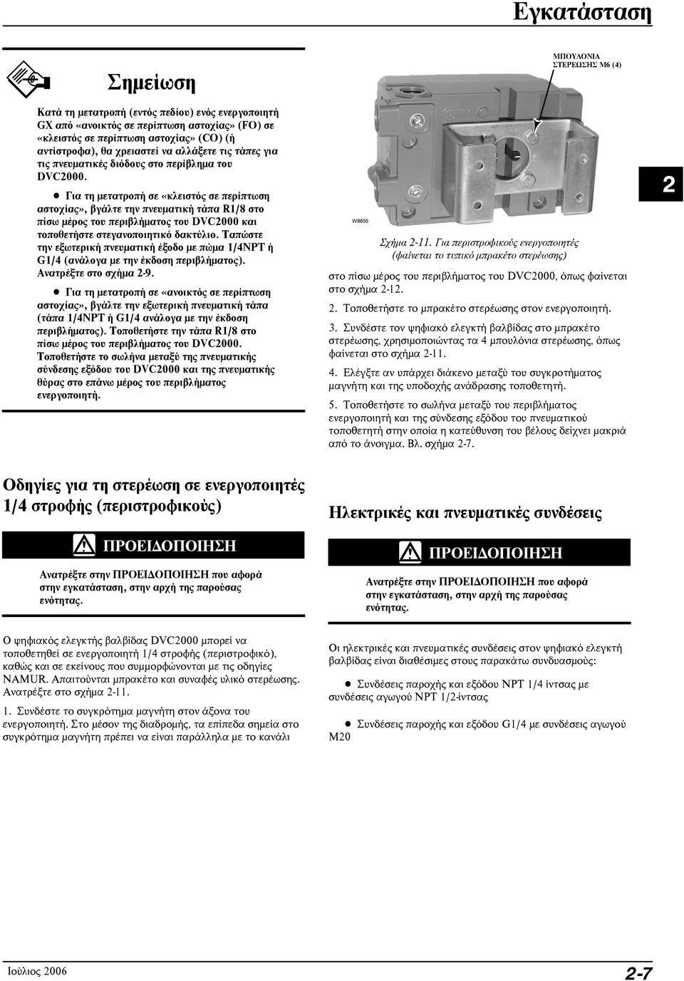 D Για τη μετατροπή σε «κλειστός σε περίπτωση αστοχίας», βγάλτε την πνευματική τάπα R1/8 στο πίσω μέρος του περιβλήματος του DVC2000 και τοποθετήστε στεγανοποιητικό δακτύλιο.