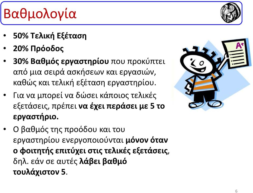 Για να μπορεί να δώσει κάποιος τελικές εξετάσεις, πρέπει να έχει περάσει με 5 το εργαστήριο.