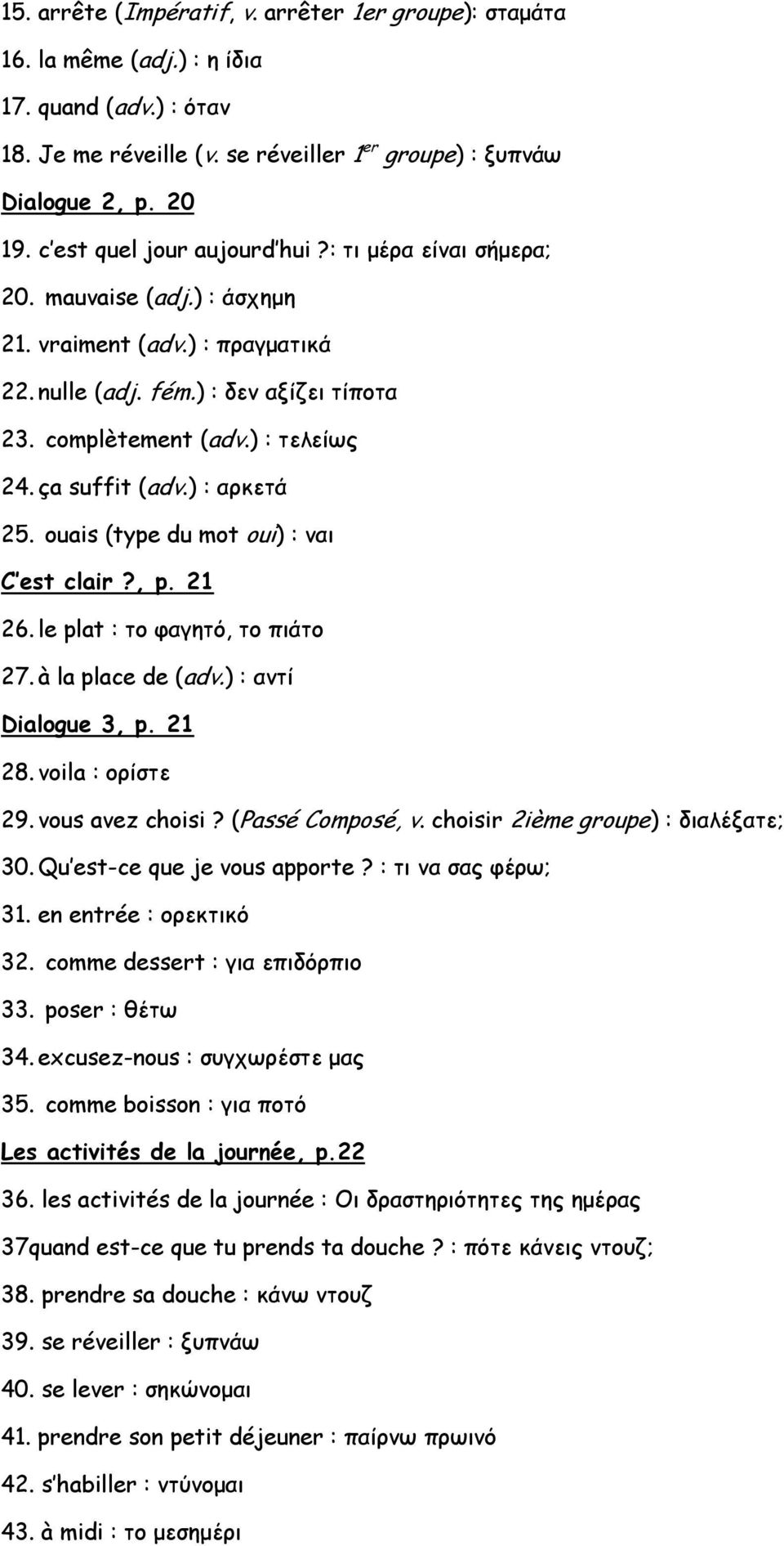 ça suffit (adv.) : αρκετά 25. ouais (type du mot oui) : ναι C est clair?, p. 21 26. le plat : το φαγητό, το πιάτο 27. à la place de (adv.) : αντί Dialogue 3, p. 21 28. voila : ορίστε 29.