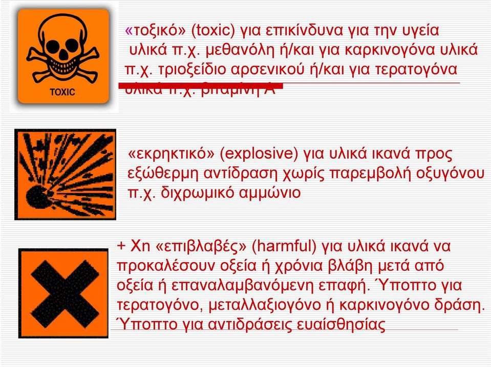 αμμώνιο + Xn «επιβλαβές» (harmful) για υλικά ικανά να προκαλέσουν οξεία ή χρόνια βλάβη μετά από οξεία ή επαναλαμβανόμενη