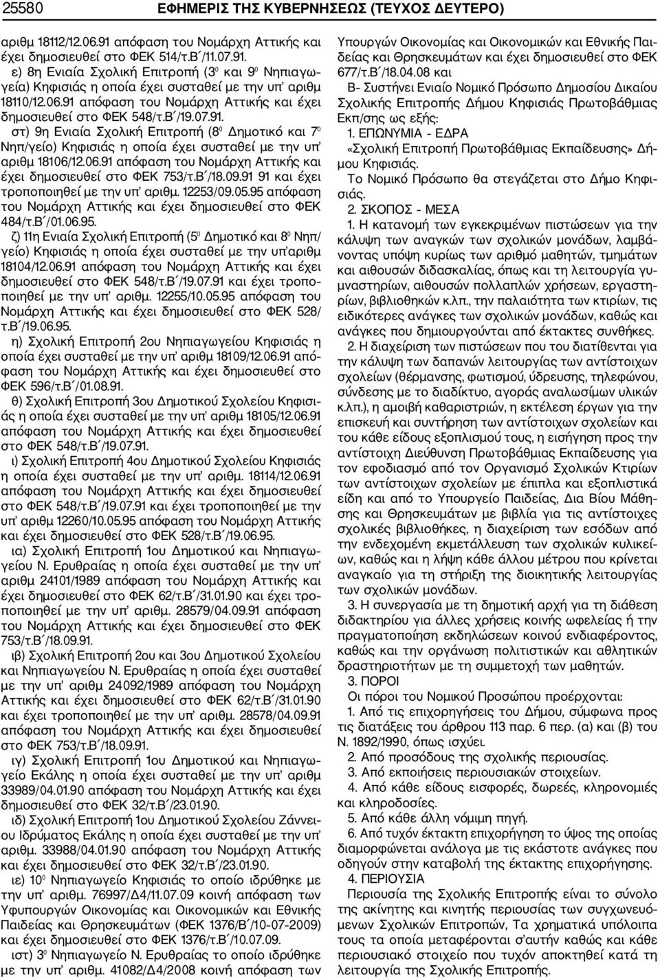 Β /18.09.91 91 και έχει τροποποιηθεί με την υπ αριθμ. 12253/09.05.95 απόφαση του Νομάρχη Αττικής και έχει δημοσιευθεί στο ΦΕΚ 484/τ.Β /01.06.95. ζ) 11η Ενιαία Σχολική Επιτροπή (5 Δημοτικό και 8 Νηπ/ γείο) Κηφισιάς η οποία έχει συσταθεί με την υπ αριθμ 18104/12.