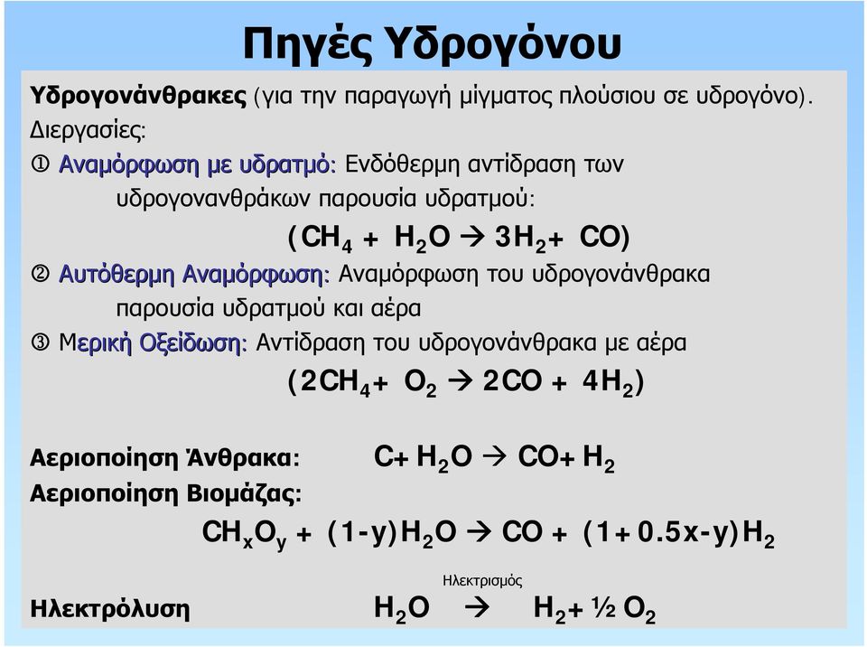 Αυτόθερμη Αναμόρφωση: Αναμόρφωση του υδρογονάνθρακα παρουσία υδρατμού και αέρα 3 Μερική Οξείδωση: Αντίδραση του