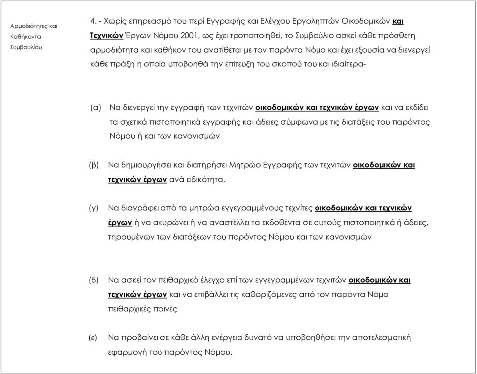 τον παρόντα Νόμο και έχει εξουσία να διενεργεί κάθε πράξη η οποία υποβοηθά την επίτευξη του σκοπού του και ιδιαίτερα- (α) Να διενεργεί την εγγραφή των τεχνιτών οικοδομικών και τεχνικών έργων και να