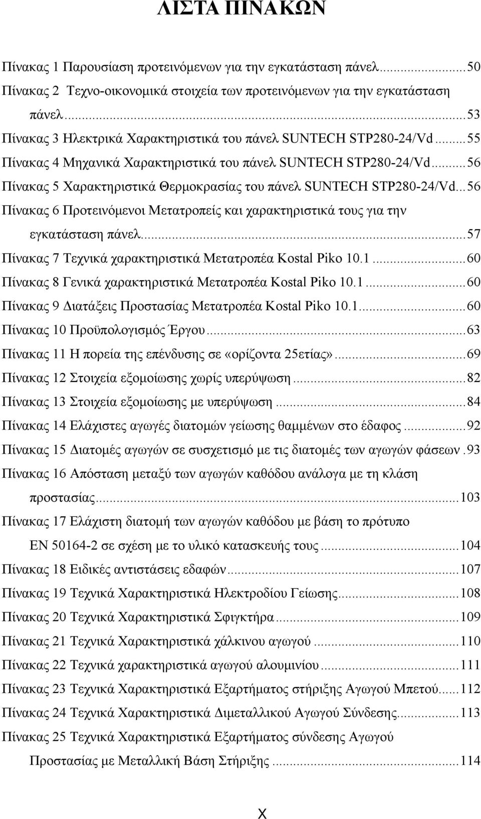 .. 56 Πίνακας 5 Χαρακτηριστικά Θερμοκρασίας του πάνελ SUNTECH STP280-24/Vd... 56 Πίνακας 6 Προτεινόμενοι Μετατροπείς και χαρακτηριστικά τους για την εγκατάσταση πάνελ.