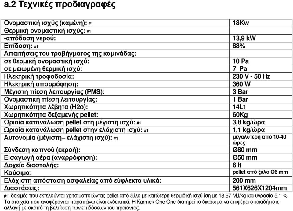 (H2o): 14Lt Χωρητικότητα δεξαµενής pellet: 60Kg Ωριαία κατανάλωση pellet στη µέγιστη ισχύ: #1 3,8 kg/ώρα Ωριαία κατανάλωση pellet στην ελάχιστη ισχύ: #1 1,1 kg/ώρα Αυτονοµία (µέγιστη ελάχιστη ισχύ):