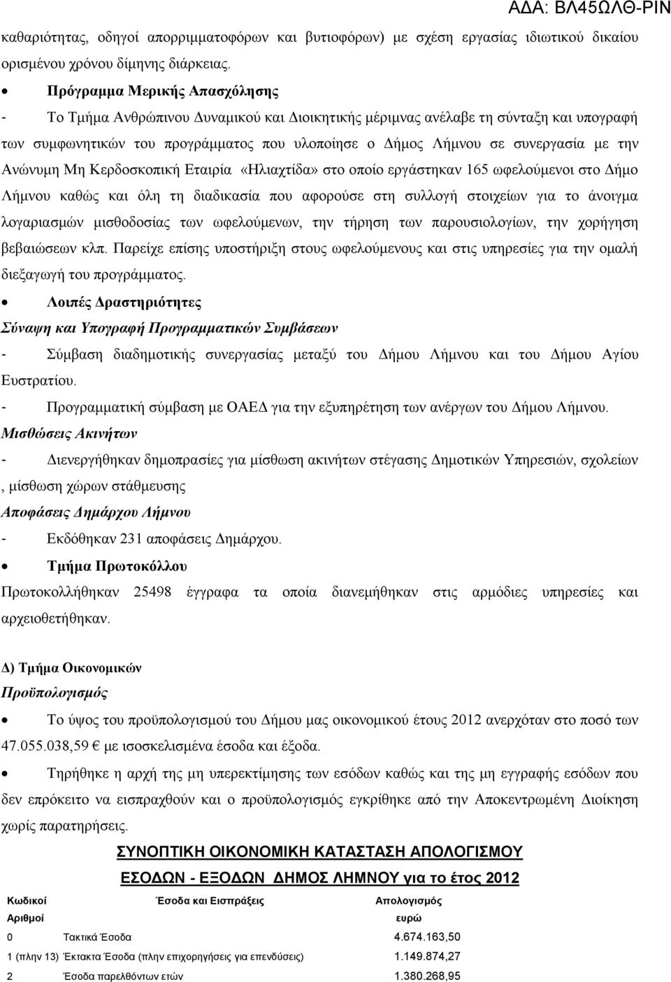 την Ανώνυμη Μη Κερδοσκοπική Εταιρία «Ηλιαχτίδα» στο οποίο εργάστηκαν 165 ωφελούμενοι στο Δήμο Λήμνου καθώς και όλη τη διαδικασία που αφορούσε στη συλλογή στοιχείων για το άνοιγμα λογαριασμών