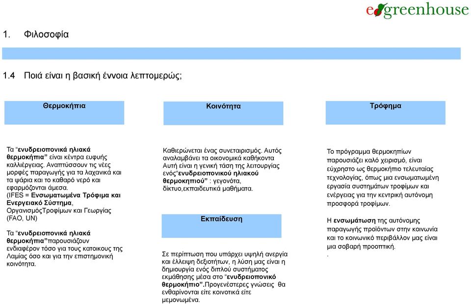 (IFES = Ενσωματωμένα Τρόφιμα και Ενεργειακό Σύστημα, ΟργανισμόςΤροφίμων και Γεωργίας (FAO, UN) Τα ενυδρειοπονικά ηλιακά θερμοκήπια παρουσιάζουν ενδιαφέρον τόσο για τους κατοικους της Λαμίας όσο και