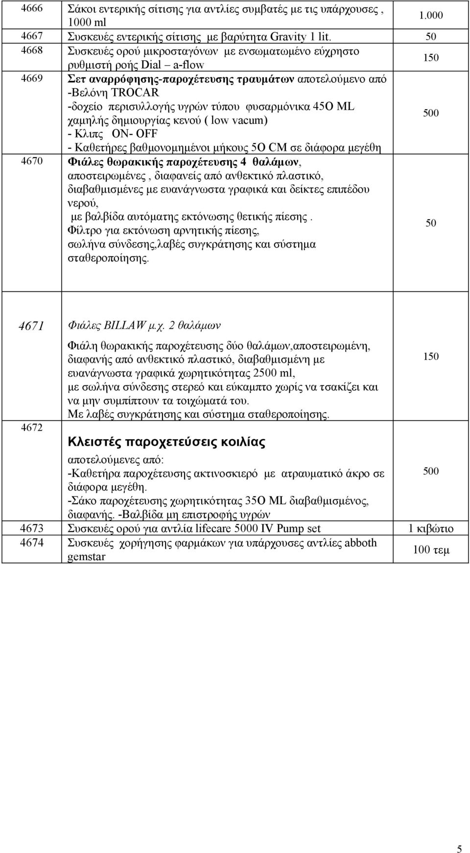 φυσαρμόνικα 45Ο ML 500 χαμηλής δημιουργίας κενού ( low vacum) - Κλιπς ΟΝ- OFF - Καθετήρες βαθμονομημένοι μήκους 5Ο CM σε διάφορα μεγέθη 4670 Φιάλες θωρακικής παροχέτευσης 4 θαλάμων, αποστειρωμένες,