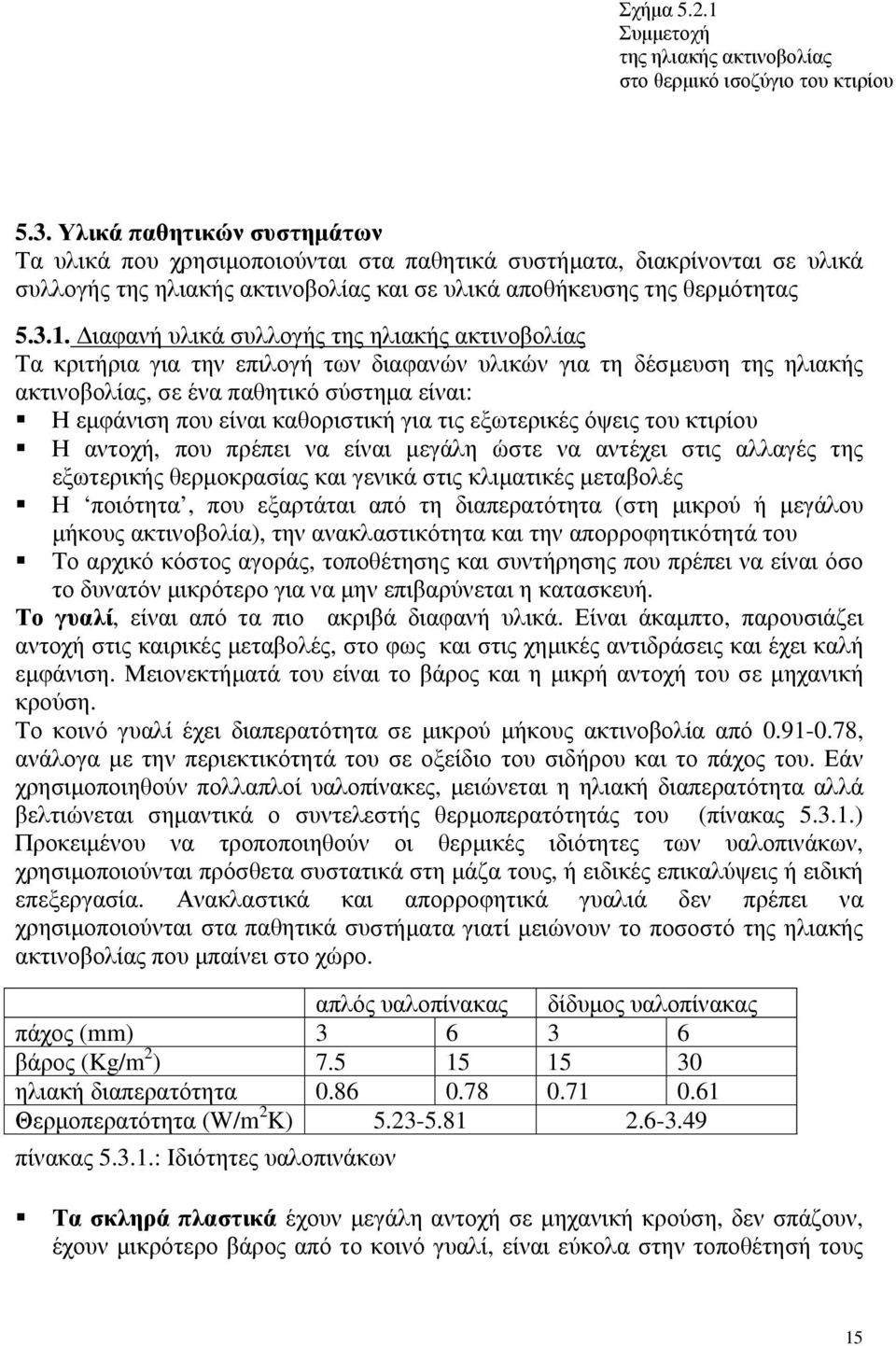 Διαφανή υλικά συλλογής της ηλιακής ακτινοβολίας Τα κριτήρια για την επιλογή των διαφανών υλικών για τη δέσμευση της ηλιακής ακτινοβολίας, σε ένα παθητικό σύστημα είναι: Η εμφάνιση που είναι