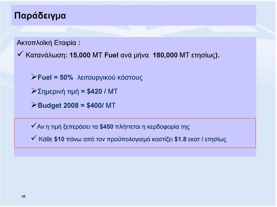 Fuel = 50% λειτουργικού κόστους Σημερινή τιμή = $420 / ΜΤ Budget 2008 =