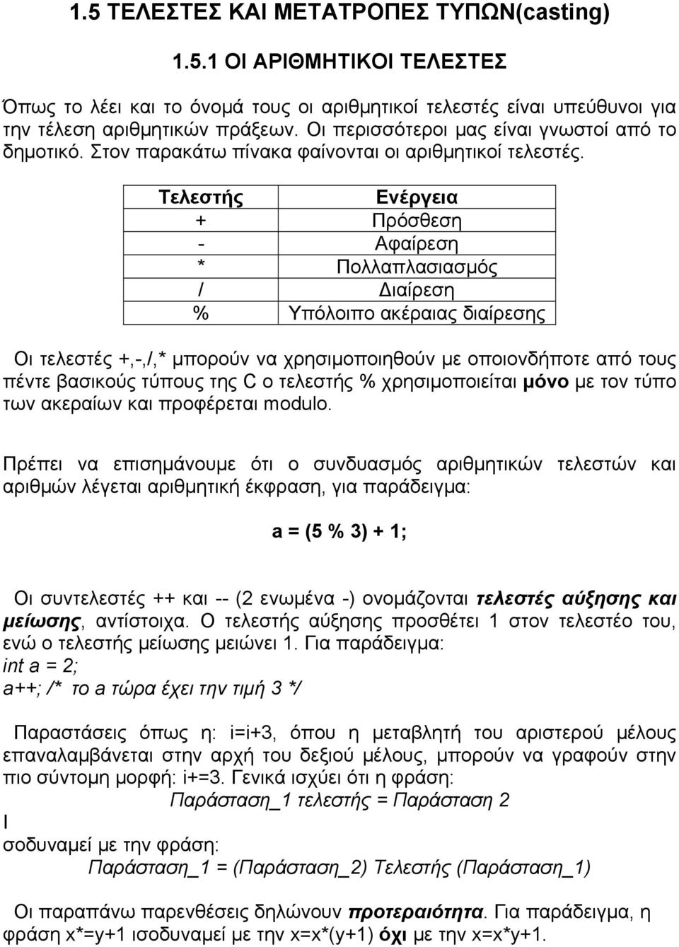 Τελεστής Ενέργεια + Πρόσθεση - Αφαίρεση * Πολλαπλασιασµός / ιαίρεση % Υπόλοιπο ακέραιας διαίρεσης Οι τελεστές +,-,/,* µπορούν να χρησιµοποιηθούν µε οποιονδήποτε από τους πέντε βασικούς τύπους της C ο