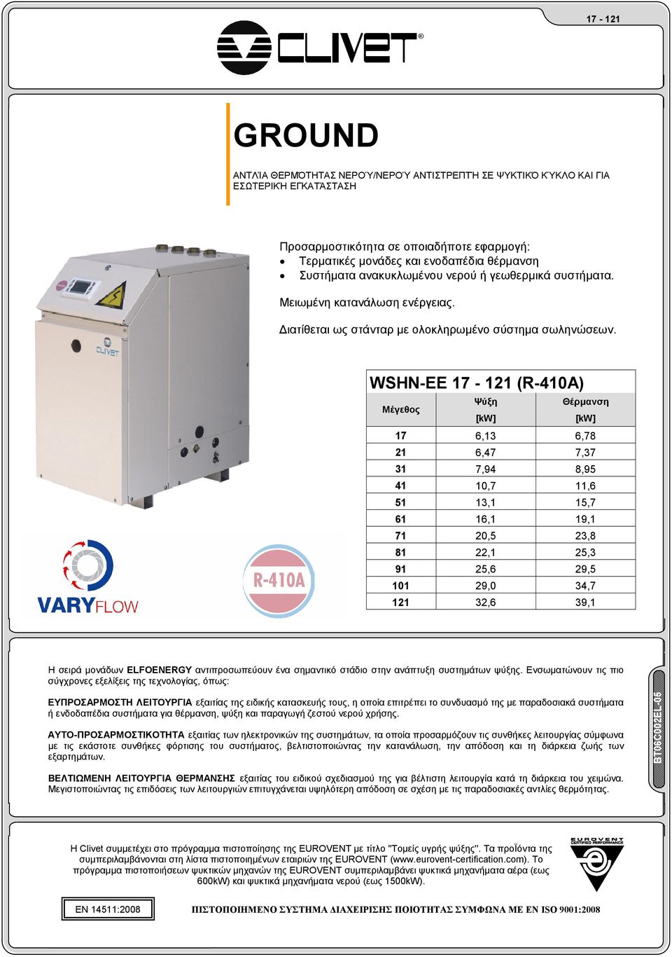 WSHN-EE 1-1 (R-4A) Μέγεθος Ψύξη Θέρµανση [kw] [kw] 1,, 21,4,3 31,4,5 41,, 51,1, 1 1,1 1,1 1 20,5 23, 1 22,1 25,3 1 25, 2,5 1 2,0 34, 1 32, 3,1 Η σειρά µονάδων ELFOENERGY αντιπροσωπεύουν ένα σηµαντικό