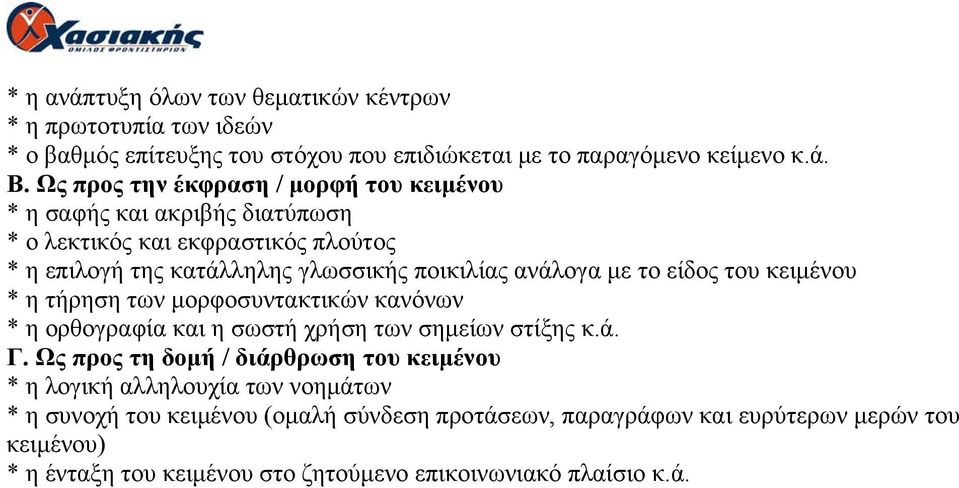 το είδος του κειμένου * η τήρηση των μορφοσυντακτικών κανόνων * η ορθογραφία και η σωστή χρήση των σημείων στίξης κ.ά. Γ.