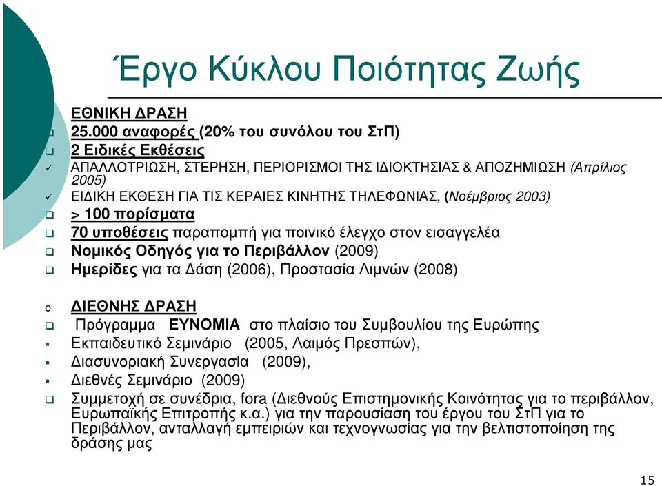 2003) > 100 πορίσµατα 70 υποθέσειςπαραποµπή για ποινικό έλεγχο στον εισαγγελέα Νοµικός Οδηγός για το Περιβάλλον (2009) Ηµερίδεςγια τα άση (2006), Προστασία Λιµνών (2008) o ΙΕΘΝΗΣ ΡΑΣΗ Πρόγραµµα