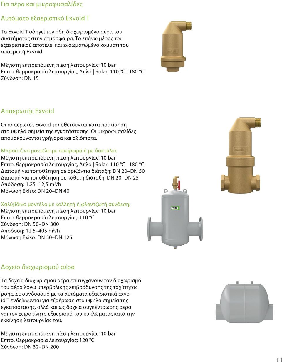 θερμοκρασία λειτουργίας, Απλό Solar: 110 C 180 C Σύνδεση: DN 15 Απαερωτής Exvoid Οι απαερωτές Exvoid τοποθετούνται κατά προτίμηση στα υψηλά σημεία της εγκατάστασης.