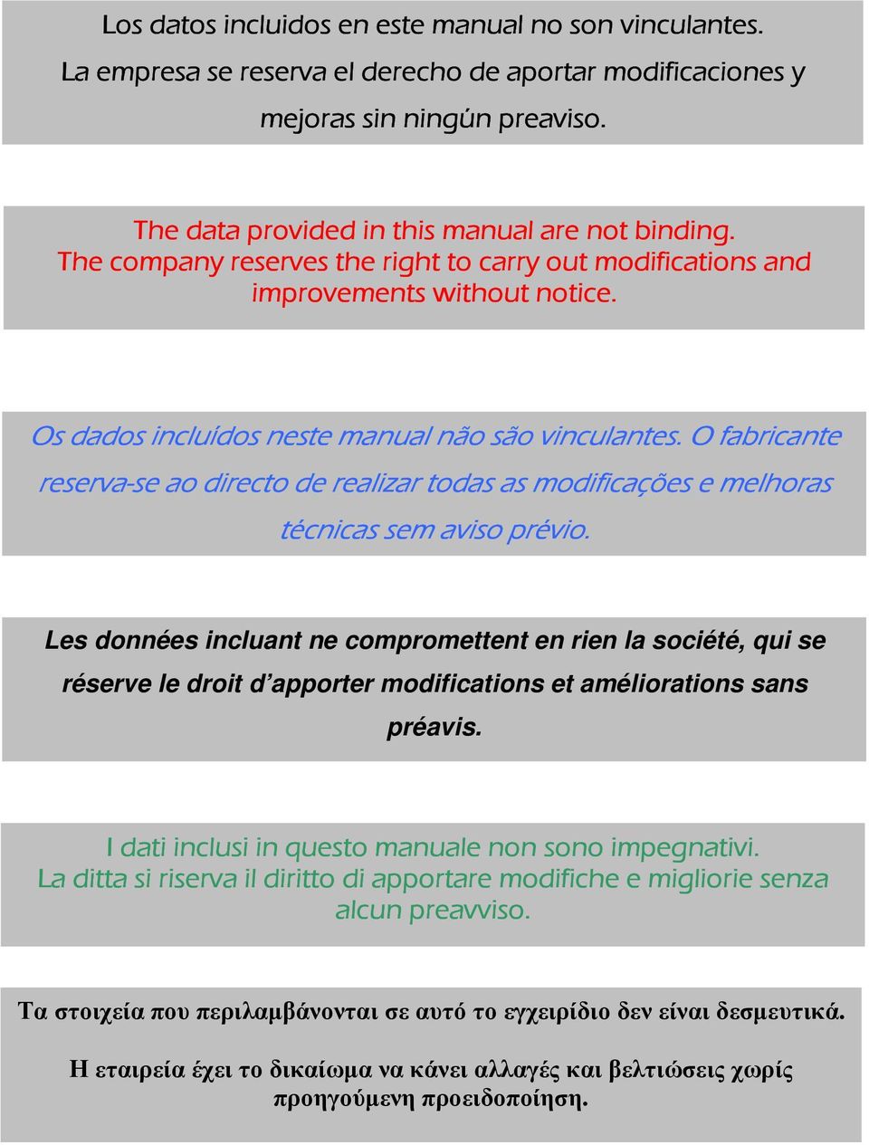 The company reserves the right to carry out modifications and improvements without notice. Os dados incluídos neste manual não são vinculantes.