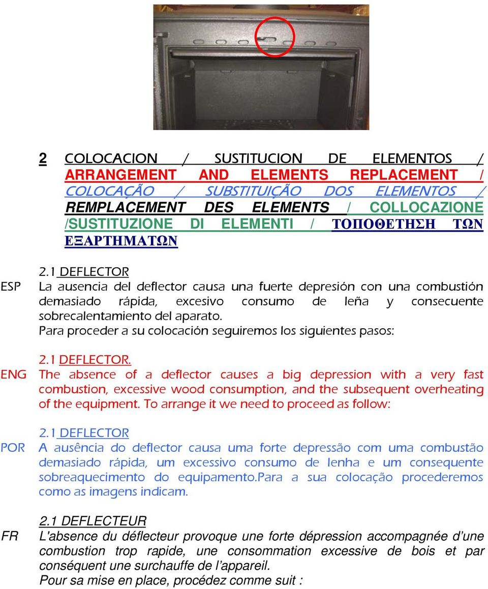 1 DEFLECTOR ESP La ausencia del deflector causa una fuerte depresión con una combustión demasiado rápida, excesivo consumo de leña y consecuente sobrecalentamiento del aparato.