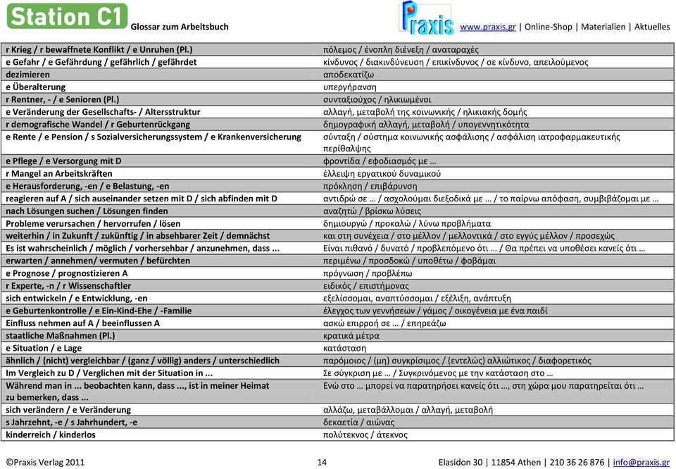 r Mangel an Arbeitskräften e Herausforderung, -en / e Belastung, -en reagieren auf A / sich auseinander setzen mit D / sich abfinden mit D nach Lösungen suchen / Lösungen finden Probleme verursachen