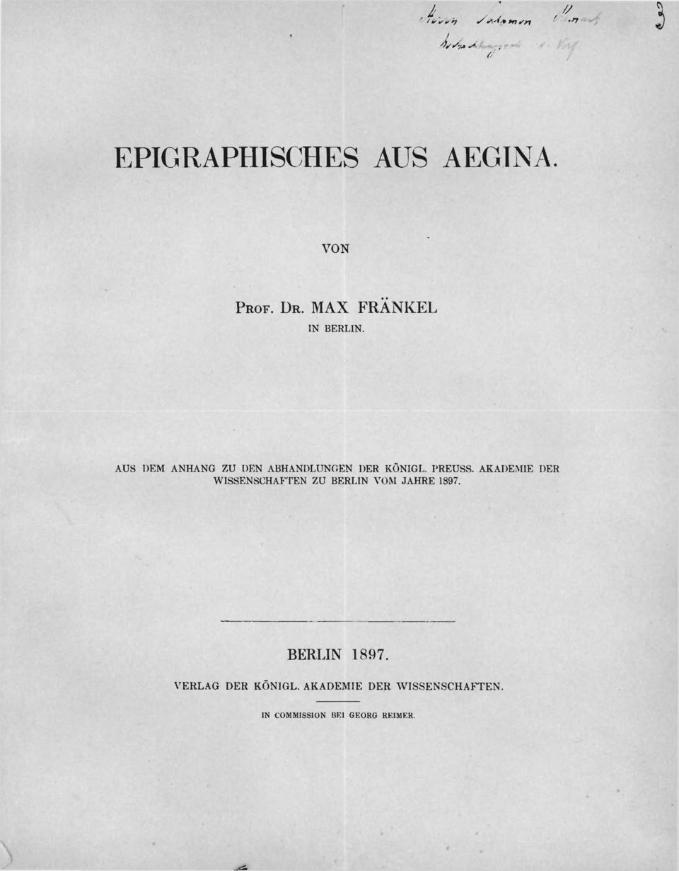 PREUSS. AKADEMIE DER WISSENSCHAFTEN ZU BERLIN VOM JAHRE 1897. BERLIN 1897.