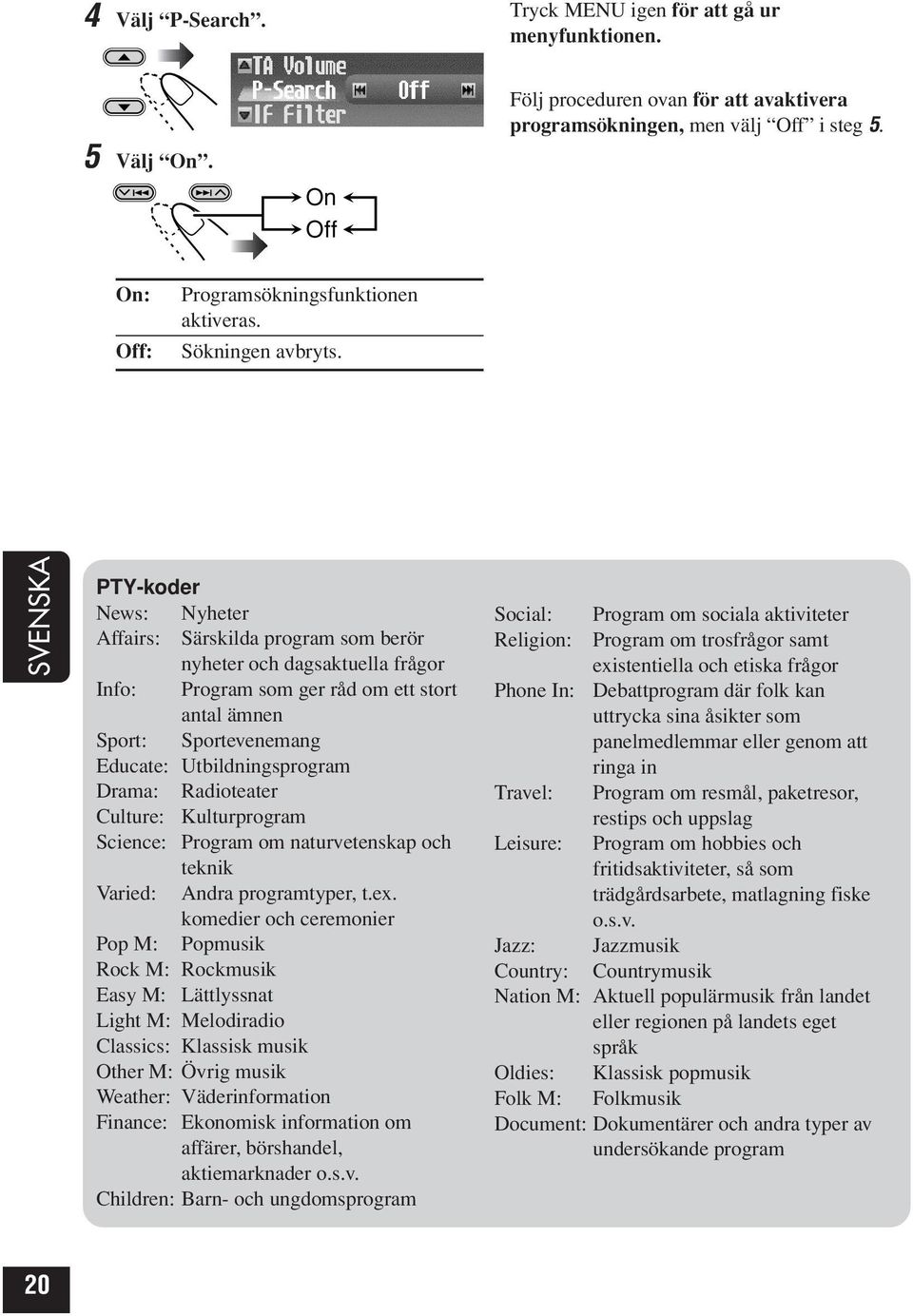 SVENSKA PTY-koder News: Nyheter Affairs: Särskilda program som berör nyheter och dagsaktuella frågor Info: Program som ger råd om ett stort antal ämnen Sport: Sportevenemang Educate: