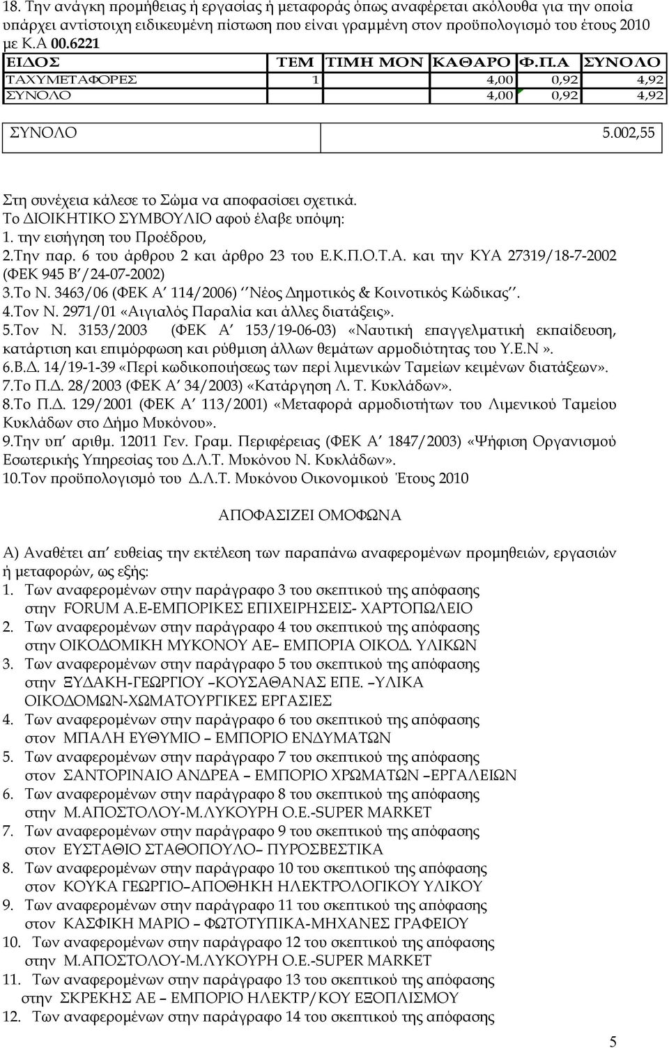 και την ΚΥΑ 27319/18-7-2002 (ΦΕΚ 945 Β /24-07-2002) 3.Το Ν. 3463/06 (ΦΕΚ Α 114/2006) Νέος Δημοτικός & Κοινοτικός Κώδικας. 4.Τον Ν.