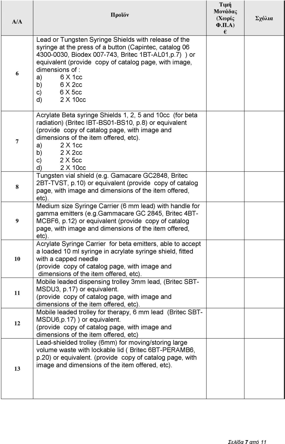 IBT-BS0-BS0, p.8) or equivalent (provide copy of catalog page, with image and a) X cc b) X cc c) X 5cc d) X 0cc Tungsten vial shield (e.g. Gamacare GC848, Britec BT-TVST, p.