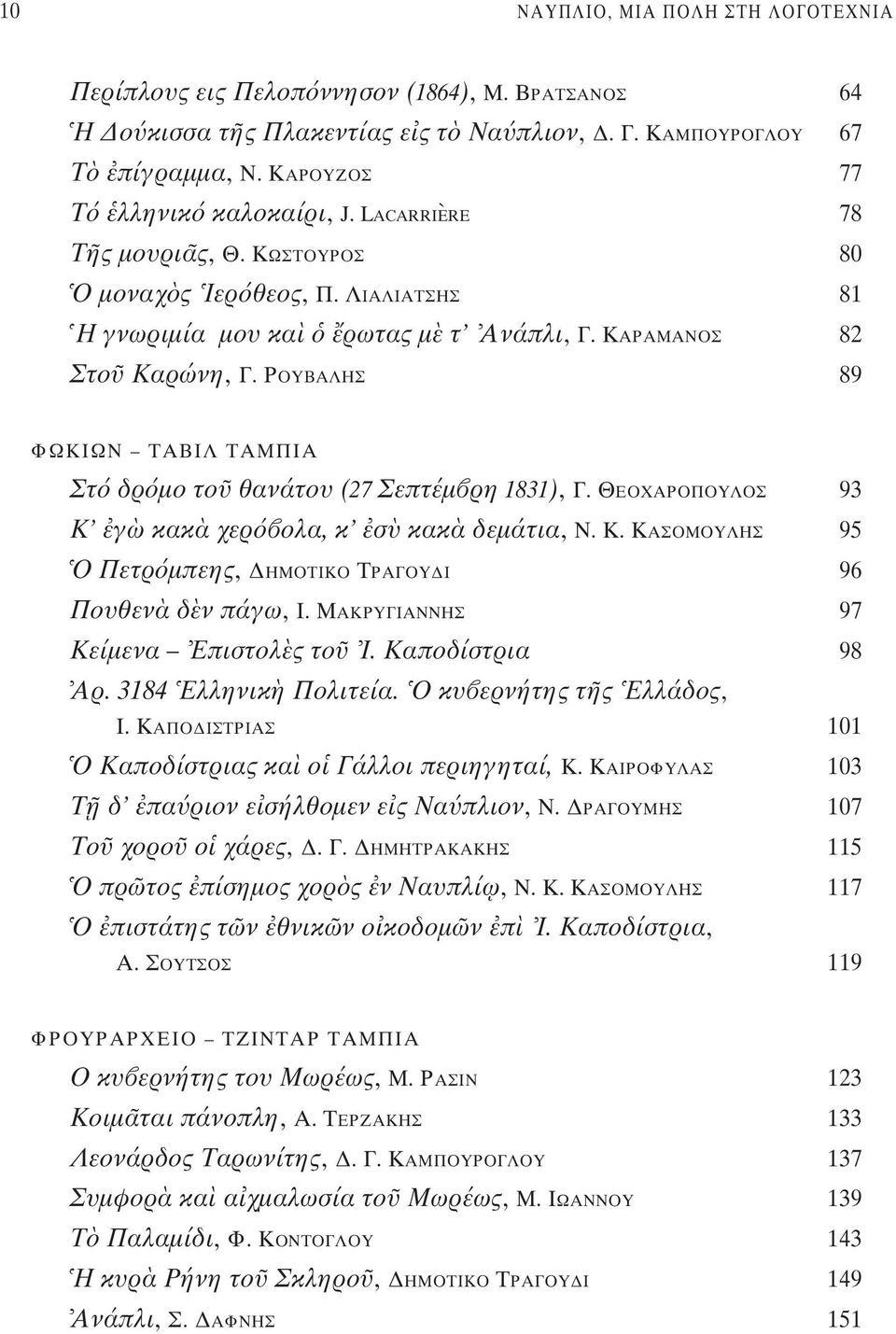 PΟΥΒΑΛΗΣ 89 ΦΩKIΩN TABIΛ TAMΠIA Στ δρ μο το θανάτου (27 Σεπτέμ ρη 1831), Γ. ΘΕΟΧΑΡΟΠΟΥΛΟΣ 93 K γ κακ χερ ολα, κ σ κακ δεμάτια, N. K. KΑΣΟΜΟΥΛΗΣ 95 O Πετρ μπεης, ΔΗΜΟΤΙΚΟ TΡΑΓΟΥΔΙ 96 Πουθεν δ ν πάγω, I.