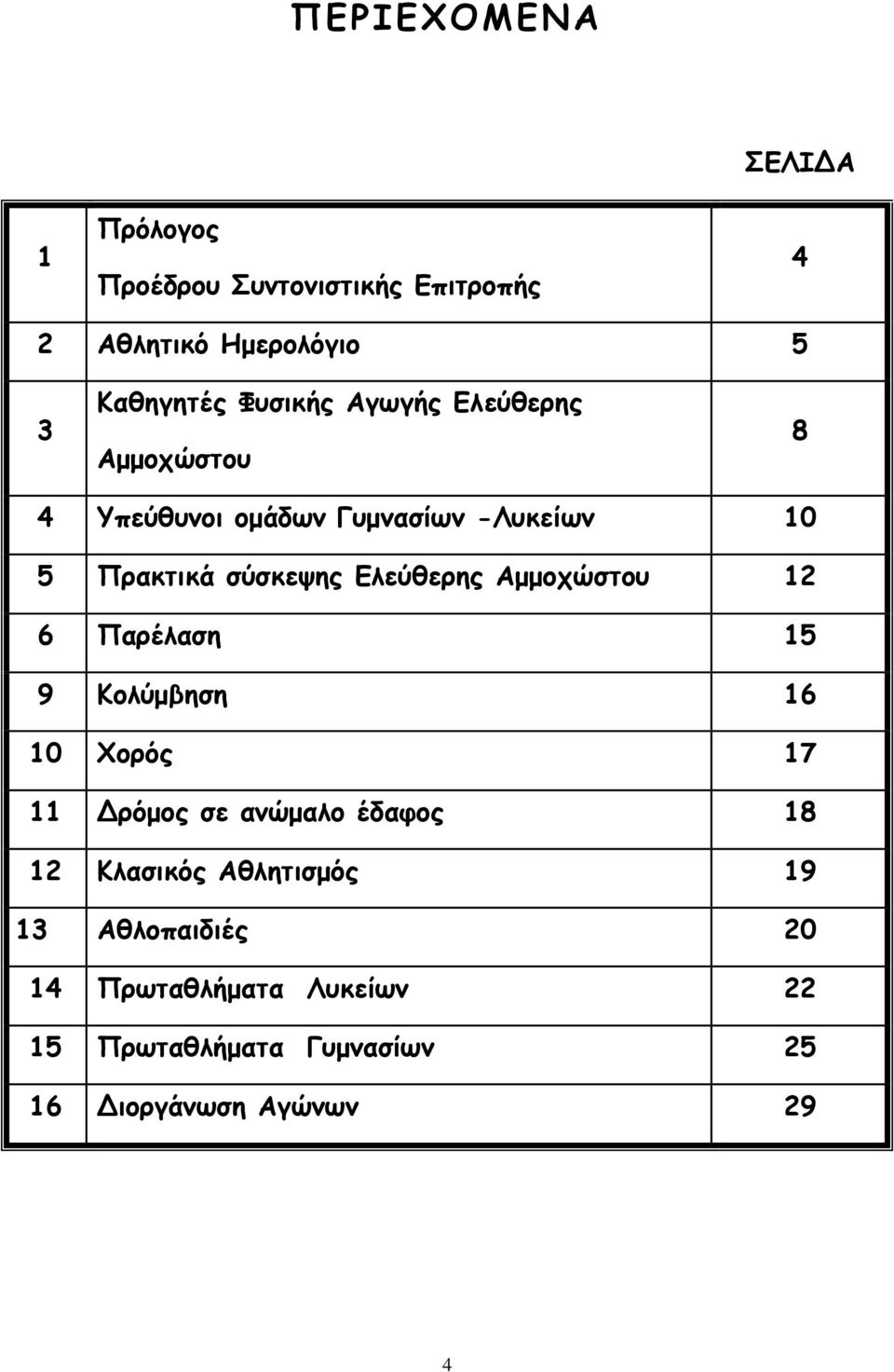 Ελεύθερης μμοχώστου 12 6 Παρέλαση 15 9 Κολύμβηση 16 10 Χορός 17 11 Δρόμος σε ανώμαλο έδαφος 18 12