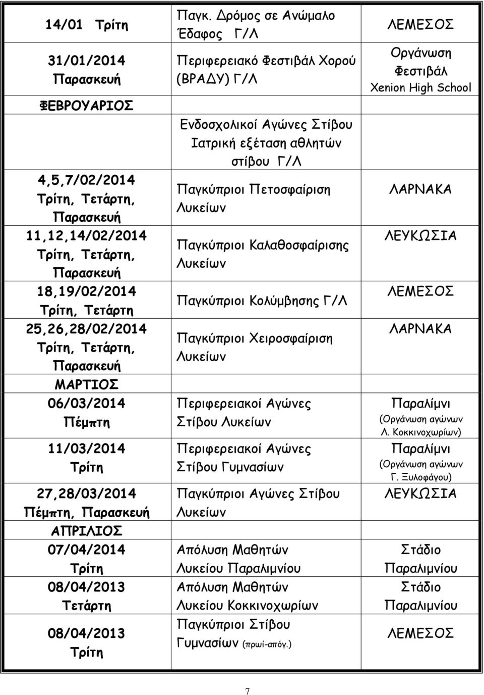 Δρόμος σε νώμαλο Έδαφος Γ/Λ Περιφερειακό Φεστιβάλ Χορού (ΒΡΔΥ) Γ/Λ Ενδοσχολικοί γώνες Στίβου Ιατρική εξέταση αθλητών στίβου Γ/Λ Παγκύπριοι Πετοσφαίριση Λυκείων Παγκύπριοι Καλαθοσφαίρισης Λυκείων