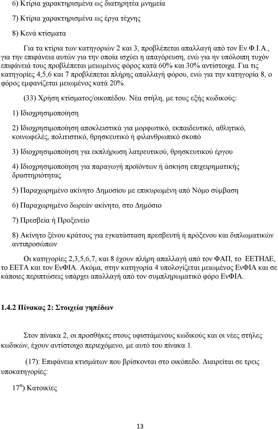 Για τις κατηγορίες 4,5,6 και 7 προβλέπεται πλήρης απαλλαγή φόρου, ενώ για την κατηγορία 8, ο φόρος εμφανίζεται μειωμένος κατά 20%. (33) Χρήση κτίσματος/οικοπέδου.