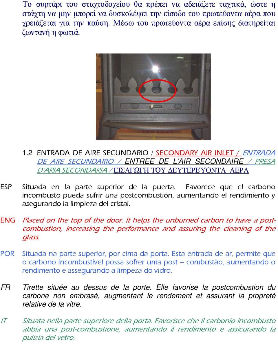 2 ENTRADA DE AIRE SECUNDARIO / SECONDARY AIR INLET / ENTRADA DE ARE SECUNDARIO / ENTREE DE L AIR SECONDAIRE / PRESA D ARIA SECONDARIA / ΕΙΣΑΓΩΓΗ ΤΟΥ ΕΥΤΕΡΕΎΟΝΤΑ ΑΕΡΑ ESP Situada en la parte superior