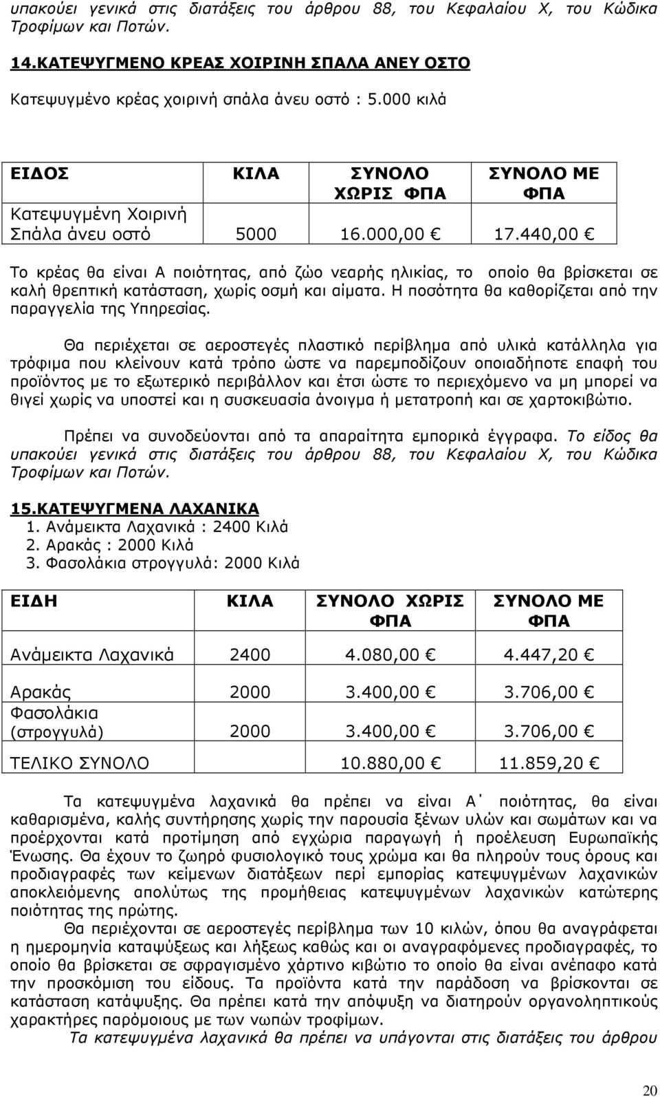 440,00 Το κρέας θα είναι Α ποιότητας, από ζώο νεαρής ηλικίας, το οποίο θα βρίσκεται σε καλή θρεπτική κατάσταση, χωρίς οσµή και αίµατα. Η ποσότητα θα καθορίζεται από την παραγγελία της Υπηρεσίας.