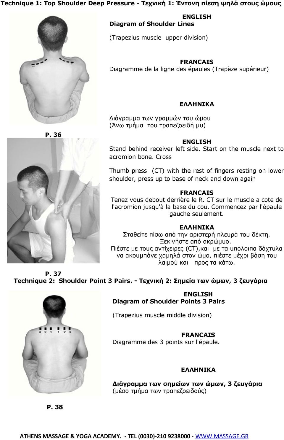 Cross Thumb press (CT) with the rest of fingers resting on lower shoulder, press up to base of neck and down again Tenez vous debout derrière le R.