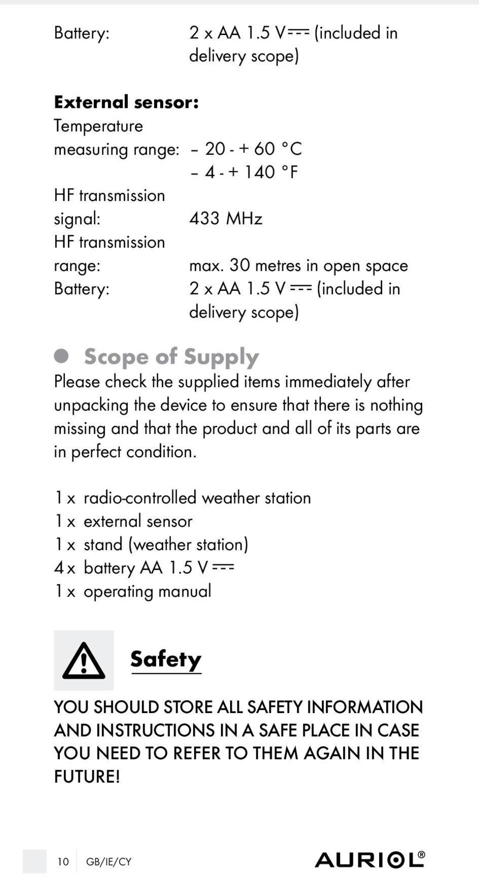 5 V (included in delivery scope) Scope of Supply Please check the supplied items immediately after unpacking the device to ensure that there is nothing missing and that the product
