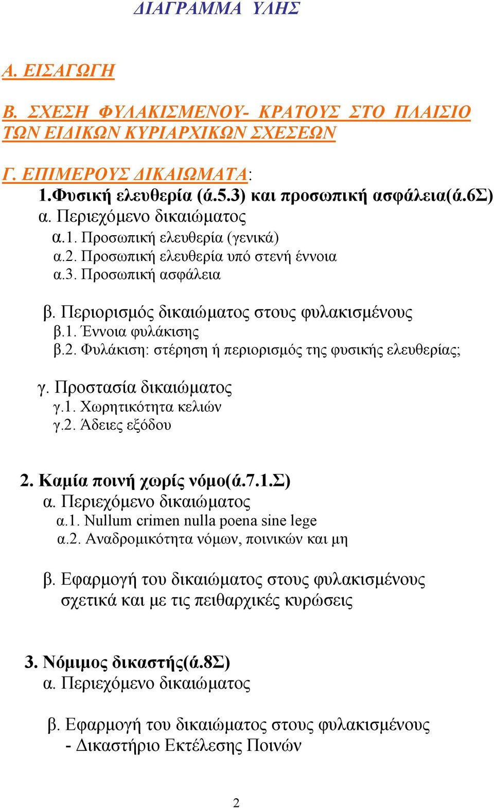 Προστασία δικαιώµατος γ.1. Χωρητικότητα κελιών γ.2. Άδειες εξόδου 2. Καµία ποινή χωρίς νόµο(ά.7.1.σ) α. Περιεχόµενο δικαιώµατος α.1. Nullum crimen nulla poena sine lege α.2. Αναδροµικότητα νόµων, ποινικών και µη β.