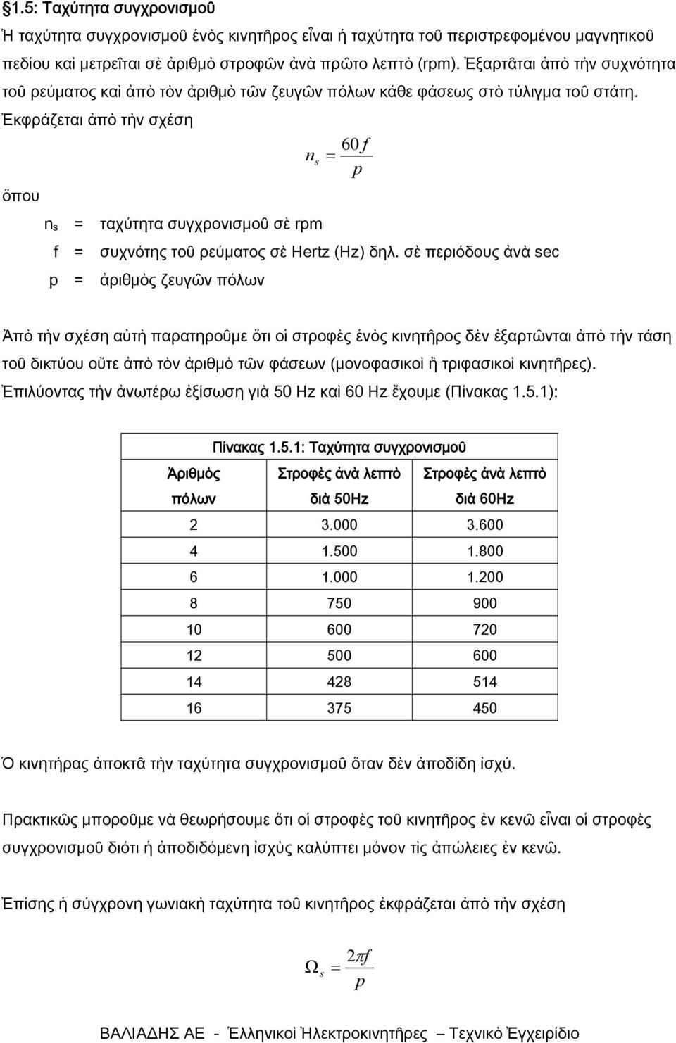 Ἐκφράζεται ἀπὸ τὴν σχέση 60 f n s = p ὅπου n s = f = p = ταχύτητα συγχρονισμοῦ σὲ rpm συχνότης τοῦ ρεύματος σὲ Hertz (Hz) δηλ.