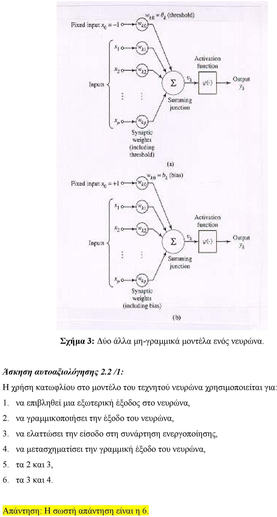 να επιβληθεί µια εξωτερική έξοδος στο νευρώνα, 2. να γραµµικοποιήσει την έξοδο του νευρώνα, 3.