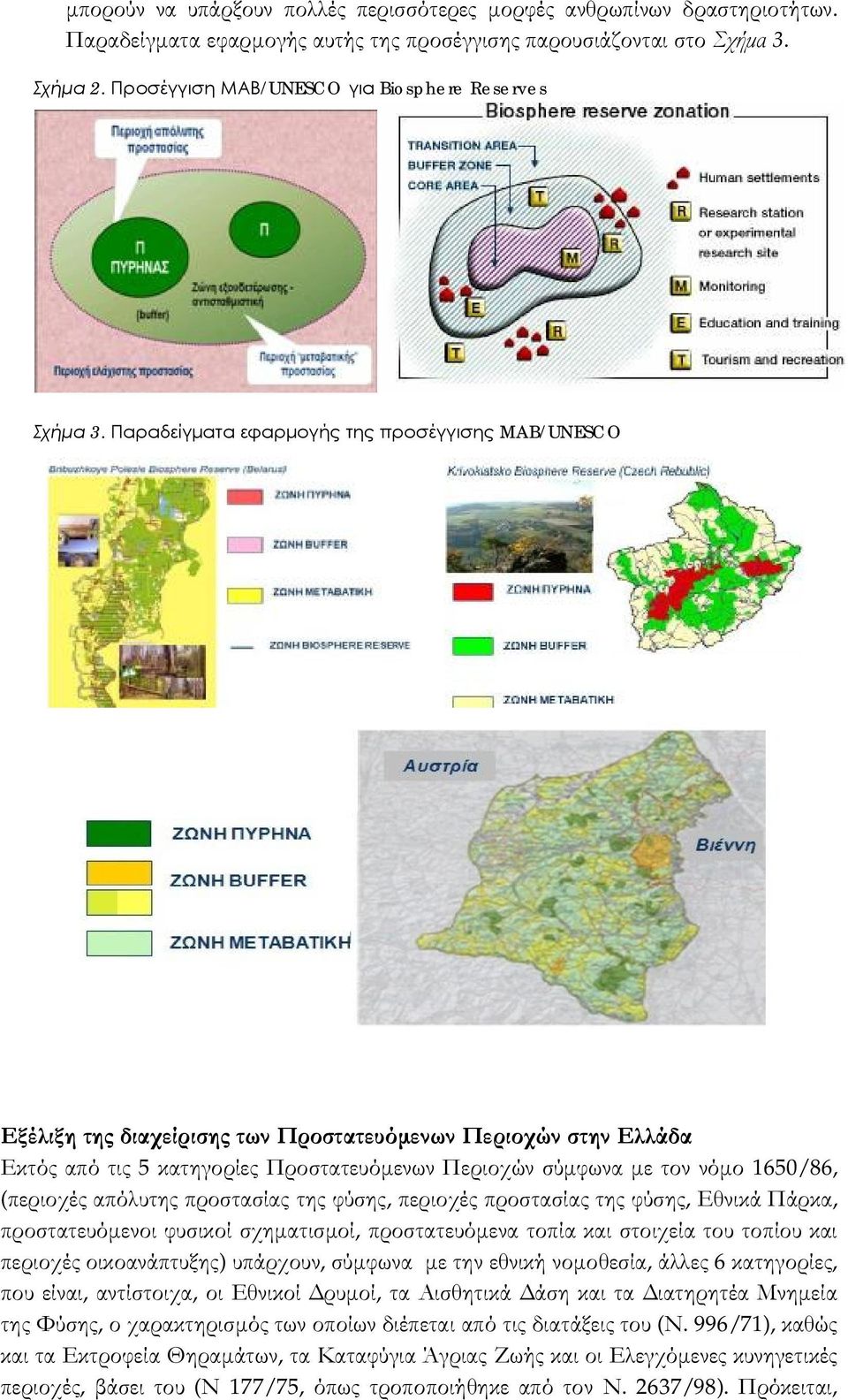 Παραδείγματα εφαρμογής της προσέγγισης MAB/UNESCO Εξέλιξη της διαχείρισης των Προστατευόμενων Περιοχών στην Ελλάδα Εκτός από τις 5 κατηγορίες Προστατευόμενων Περιοχών σύμφωνα με τον νόμο 1650/86,