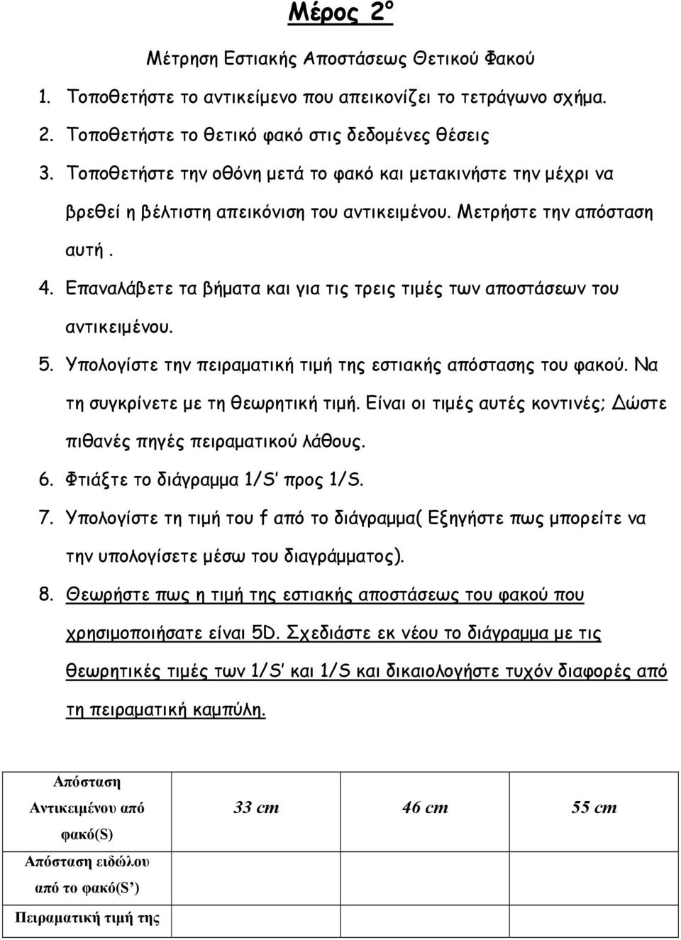 Επαναλάβετε τα βήµατα και για τις τρεις τιµές των αποστάσεων του αντικειµένου. 5. Υπολογίστε την πειραµατική τιµή της εστιακής απόστασης του φακού. Να τη συγκρίνετε µε τη θεωρητική τιµή.