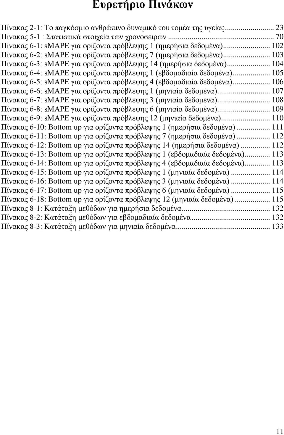 .. 103 Πίνακας 6-3: smape για ορίζοντα πρόβλεψης 14 (ημερήσια δεδομένα)... 104 Πίνακας 6-4: smape για ορίζοντα πρόβλεψης 1 (εβδομαδιαία δεδομένα).