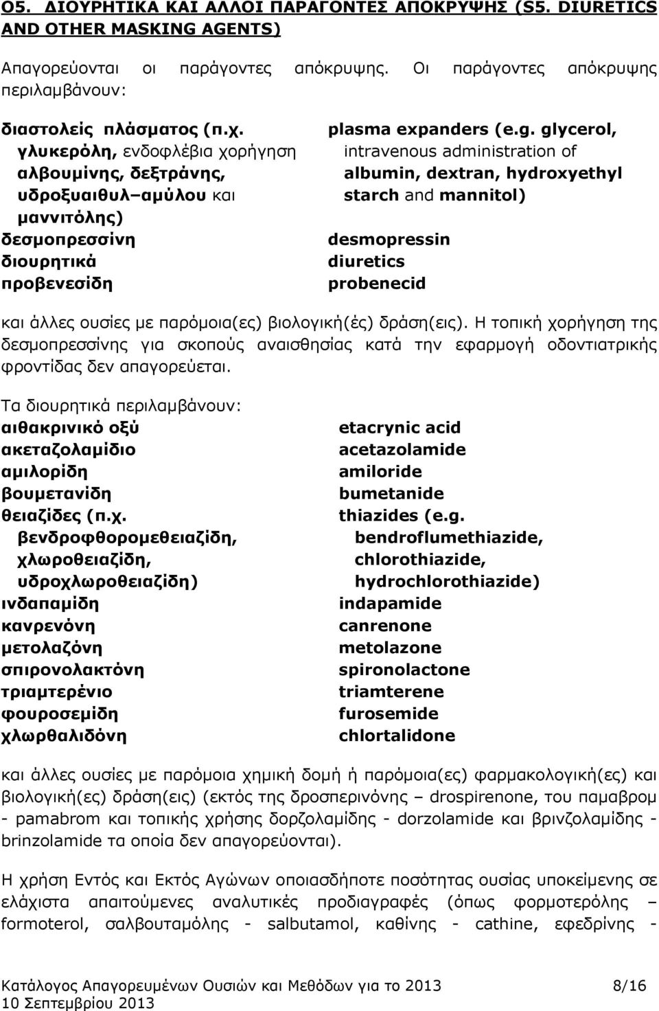 glycerol, intravenous administration of albumin, dextran, hydroxyethyl starch and mannitol) desmopressin diuretics probenecid και άλλες ουσίες με παρόμοια(ες) βιολογική(ές) δράση(εις).