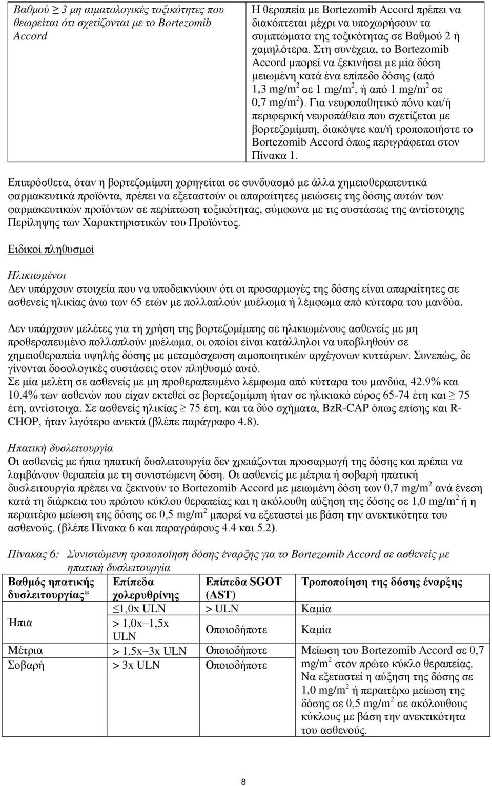 Για νευροπαθητικό πόνο και/ή περιφερική νευροπάθεια που σχετίζεται με βορτεζομίμπη, διακόψτε και/ή τροποποιήστε το Bortezomib Accord όπως περιγράφεται στον Πίνακα 1.