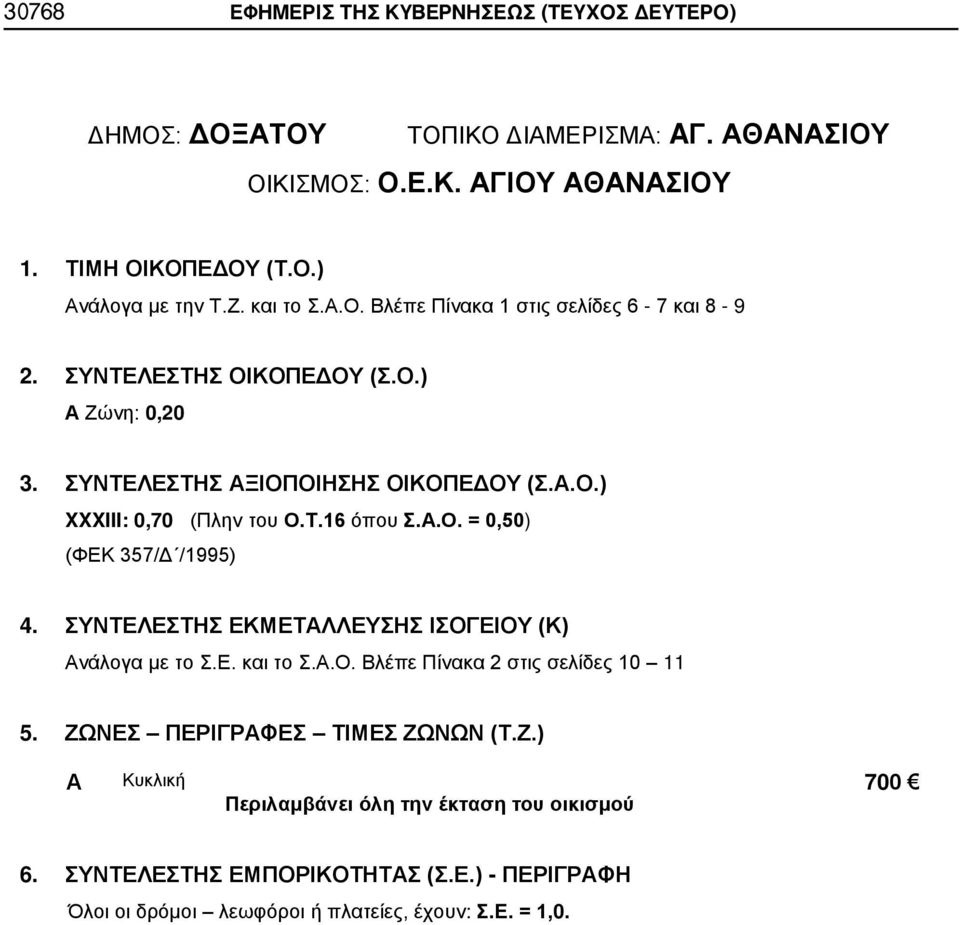 Τ.16 όπου Σ..Ο. = 0,50) (ΦΕΚ 357/Δ /1995) 4. ΣΥΝΤΕΛΕΣΤΗΣ ΕΚΜΕΤΛΛΕΥΣΗΣ ΙΣΟΓΕΙΟΥ (Κ) νάλογα με το Σ.Ε. και το Σ..Ο. Βλέπε Πίνακα 2 στις σελίδες 10 11 700 6.