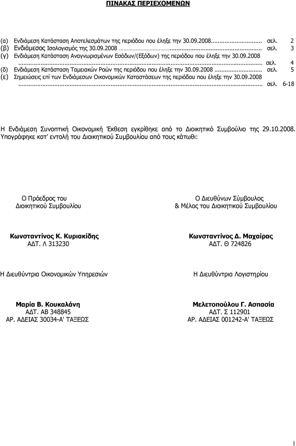 10.2008. Υπογράφηκε κατ εντολή του Διοικητικού Συμβουλίου από τους κάτωθι: Ο Πρόεδρος του Διοικητικού Συμβουλίου Ο Διευθύνων Σύμβουλος & Μέλος του Διοικητικού Συμβουλίου Κωνσταντίνος K.