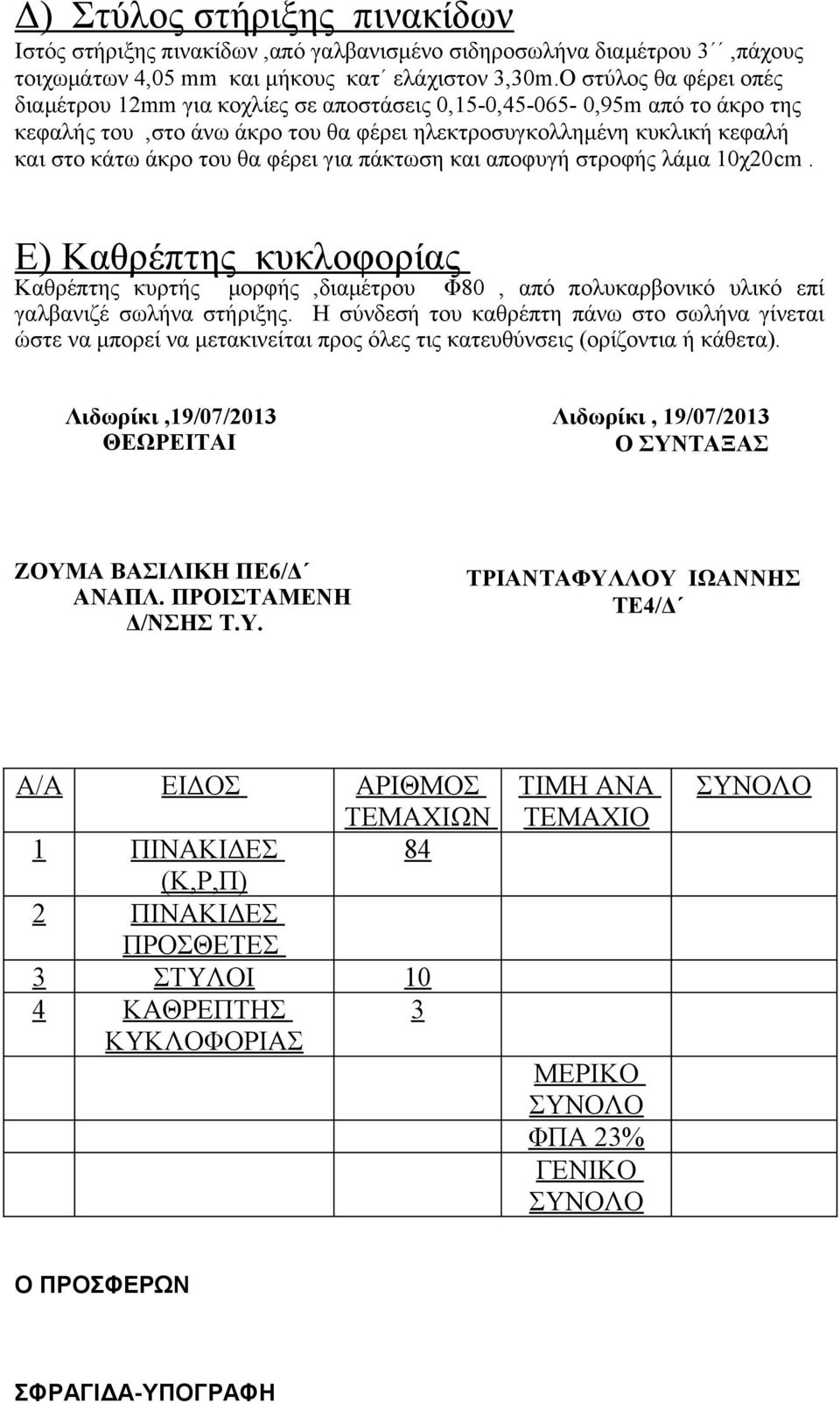 φέρει για πάκτωση και αποφυγή στροφής λάμα 10χ20cm. Ε) Καθρέπτης κυκλοφορίας Καθρέπτης κυρτής μορφής,διαμέτρου Φ80, από πολυκαρβονικό υλικό επί γαλβανιζέ σωλήνα στήριξης.