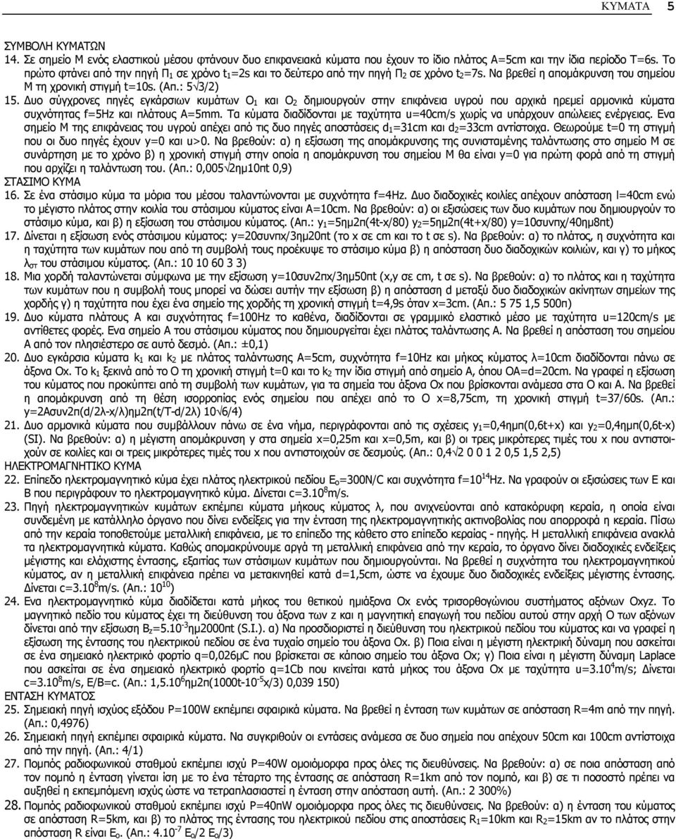 Γπν ζύγρξνλεο πεγέο εγθάξζησλ θπκάησλ Ο 1 θαη Ο 2 δεκηνπξγνύλ ζηελ επηθάλεηα πγξνύ πνπ αξρηθά εξεκεί αξκνληθά θύκαηα ζπρλόηεηαο f=5hz θαη πιάηνπο A=5mm.