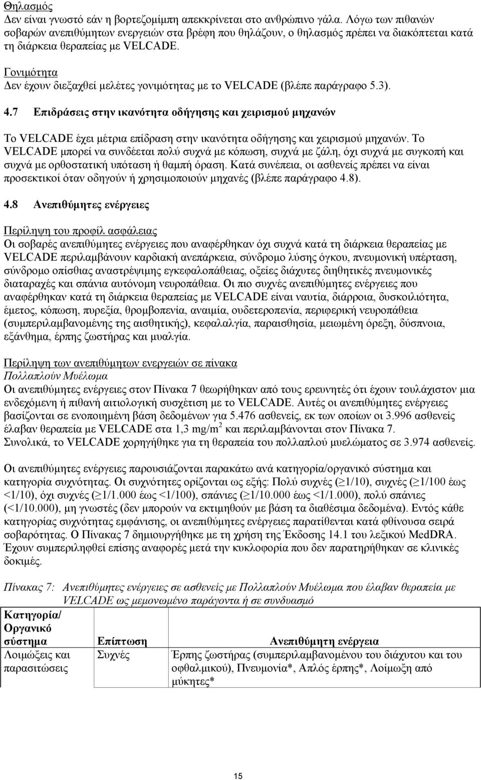 Γονιμότητα Δεν έχουν διεξαχθεί μελέτες γονιμότητας με το VELCADE (βλέπε παράγραφο 5.3). 4.