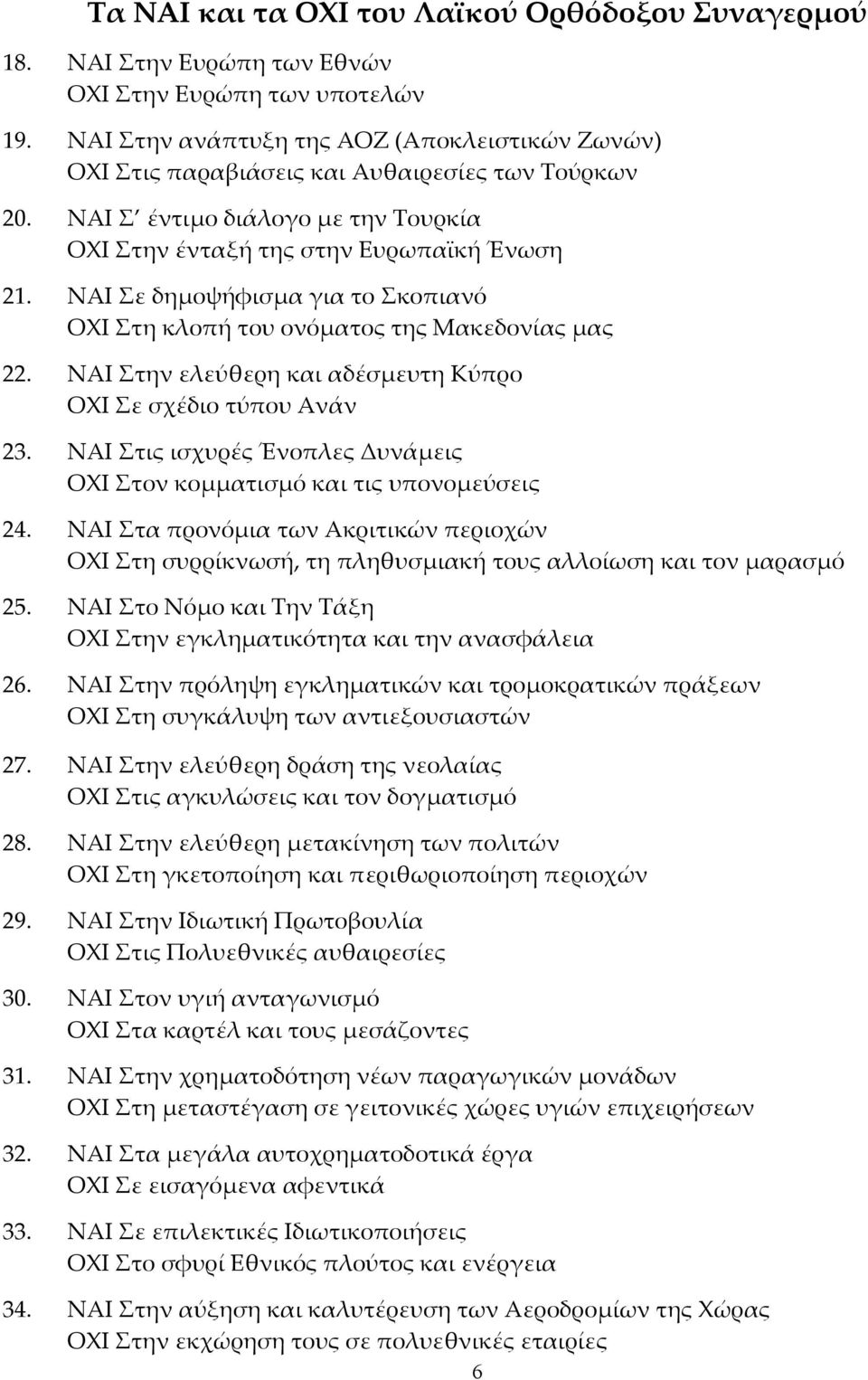 ΝΑΙ Σε δημοψήφισμα για το Σκοπιανό ΟΧΙ Στη κλοπή του ονόματος της Μακεδονίας μας 22. ΝΑΙ Στην ελεύθερη και αδέσμευτη Κύπρο ΟΧΙ Σε σχέδιο τύπου Ανάν 23.