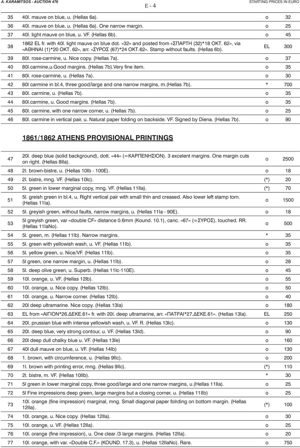 (Hellas 6b). EL 300 39 80l. rose-carmine, u. Nice copy. (Hellas 7a). o 37 40 80l.carmine,u.Good margins. (Hellas 7b).Very fine item. o 35 41 80l. rose-carmine, u. (Hellas 7a). o 30 42 80l carmine in bl.